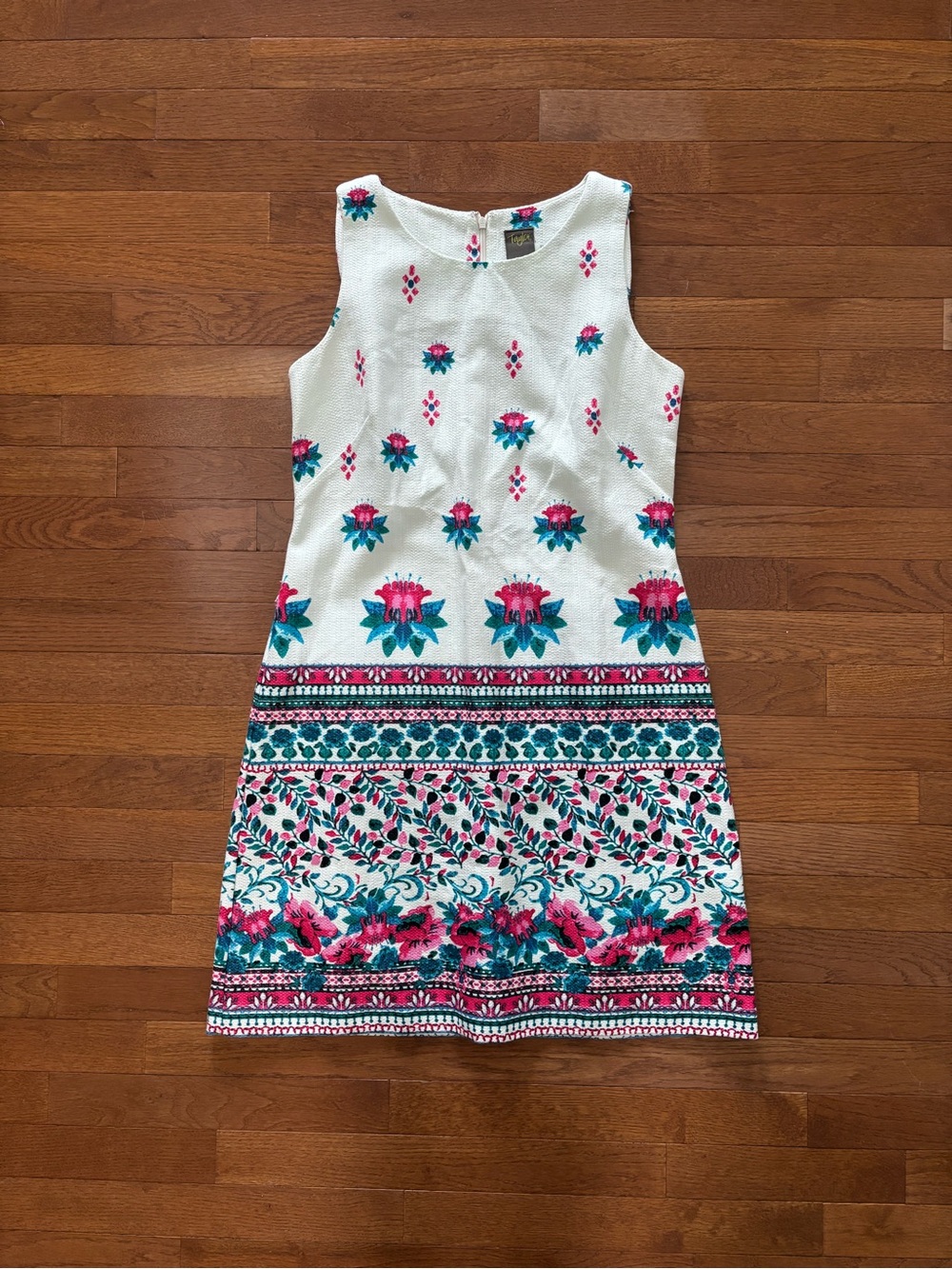 White Hopsack Shift Dress with Bright Floral Watercolor Print Details